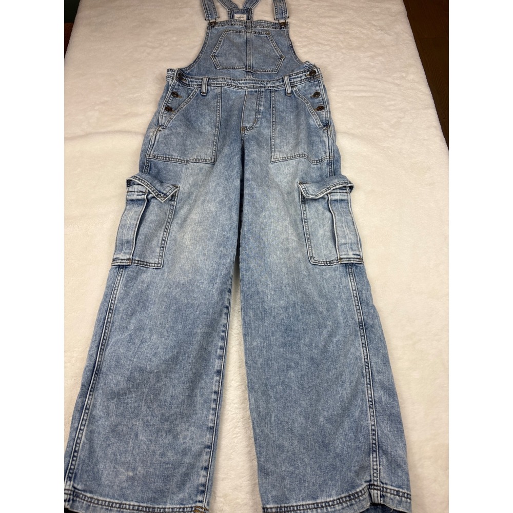Aerie Womens Light Wash Denim Cargo Overalls Wide Leg Utility Dungarees Medium
